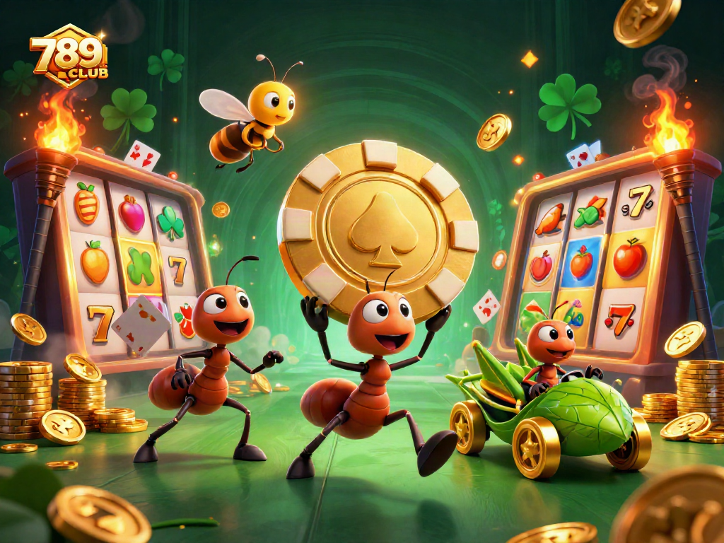 Experience thrilling gameplay at 789CLUB with a dynamic scene of ants carrying golden poker chips.