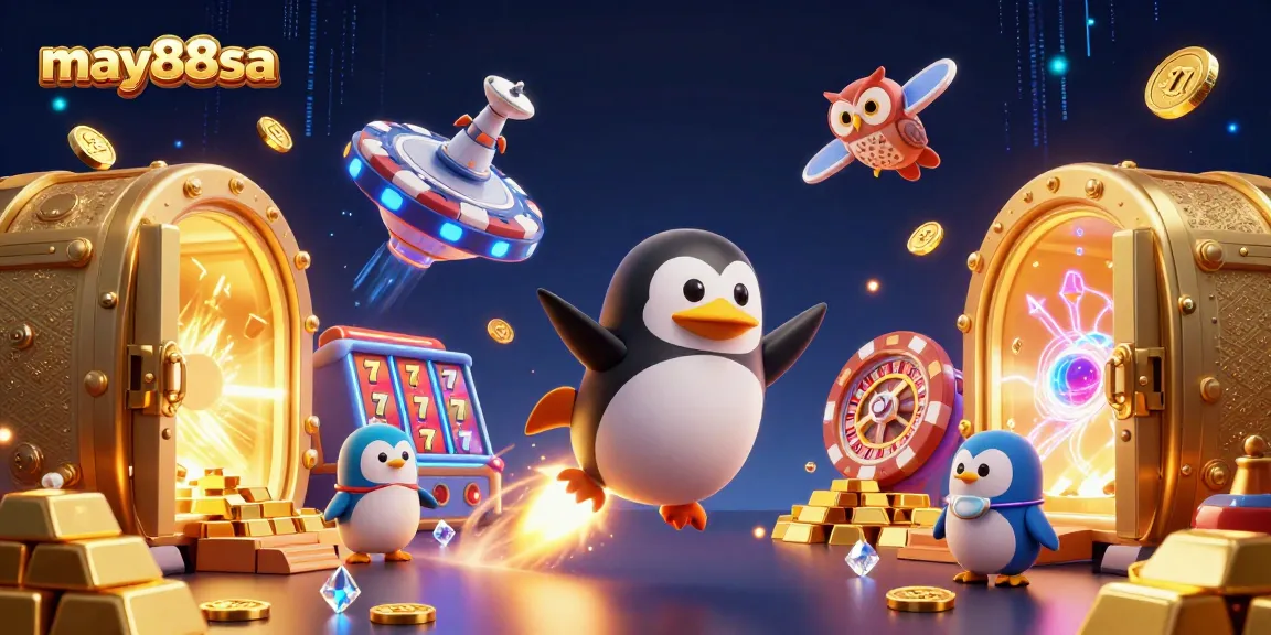 Engage with may88sa's golden penguin navigating towards a vibrant casino in 3D space.