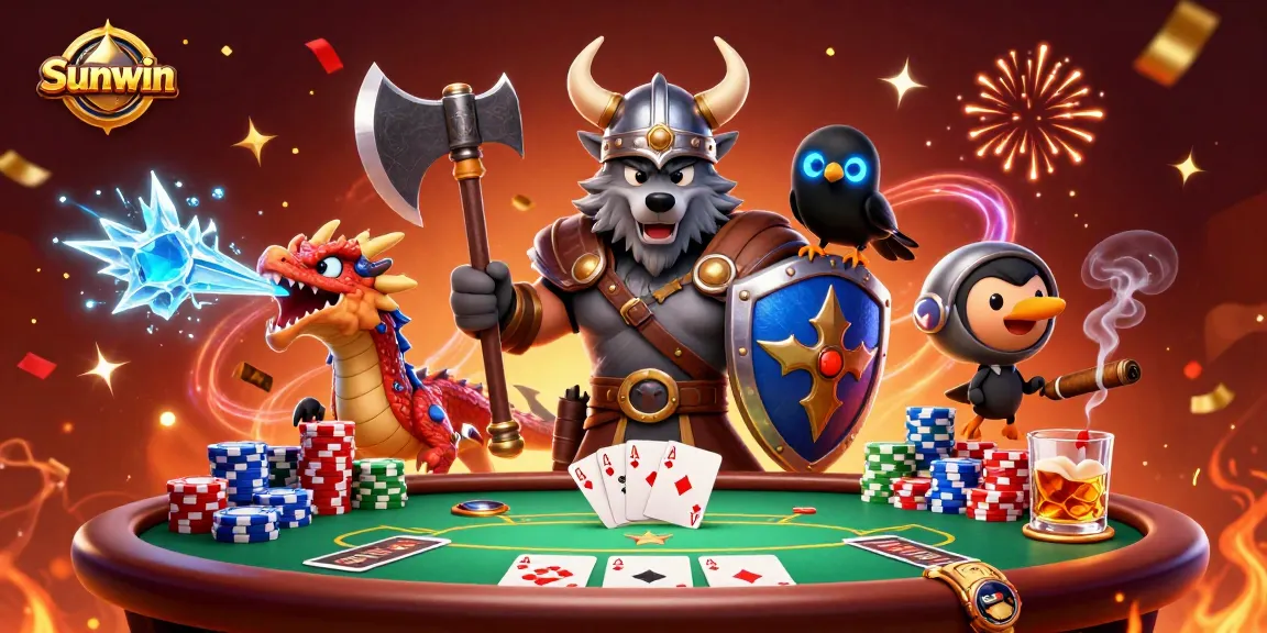 Experience engaging gaming action with Sunwin, featuring a Viking wolf warrior and a fierce dragon in a vibrant casino.