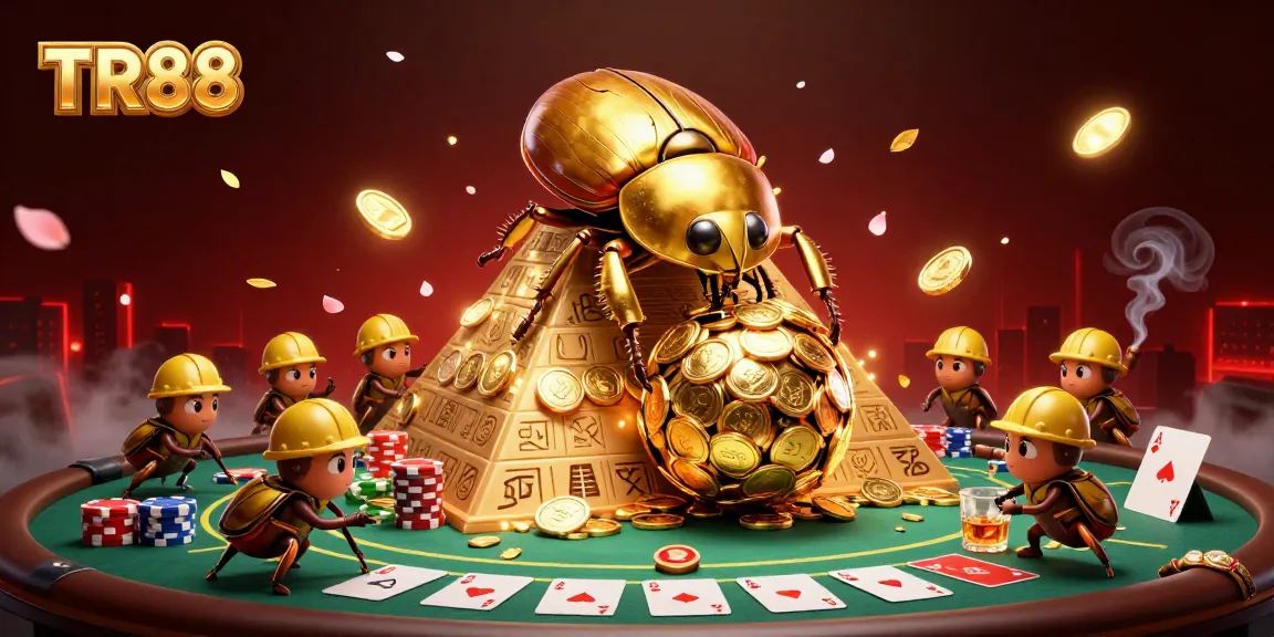 TR88 showcases a vibrant casino scene featuring a golden beetle and poker elements amidst a rich background.