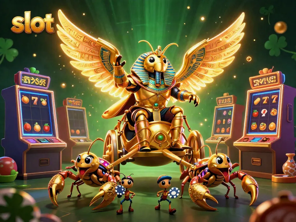 Spin slot reels and win jackpots with a colossal golden scarab beetle chariot in a vibrant casino scene.
