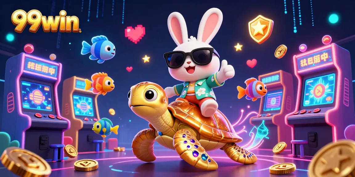 Join the fun at 99win with the lucky rabbit and golden sea turtle in a vibrant casino scene!
