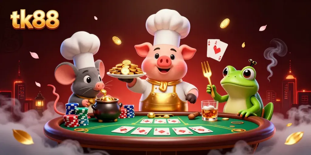 Engaging scene of tk88 with a cartoon chef pig, sous-chef mouse, and critic frog enjoying casino-themed elements.