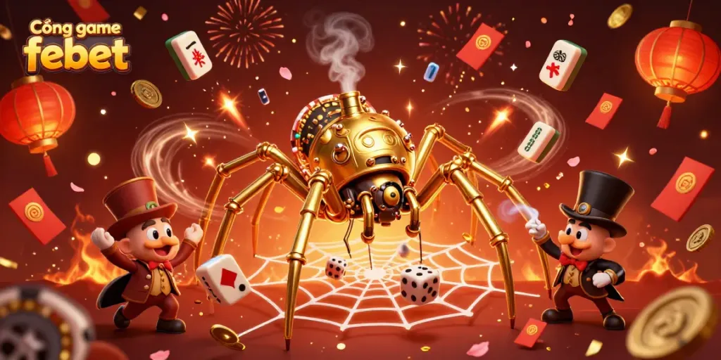 Experience thrilling gameplay at Cổng game febet, featuring 3D characters in a rich casino-themed scene.