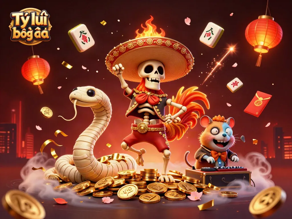 Experience Tỷ lệ bóng đá betting excitement with dynamic characters celebrating amidst gold coins and festive elements.