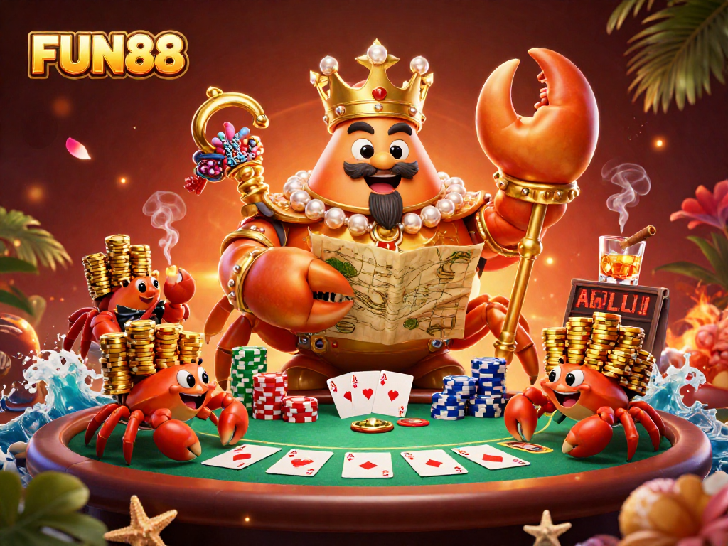 Engage in thrilling FUN88 casino action with a golden crab emperor surrounded by poker excitement.