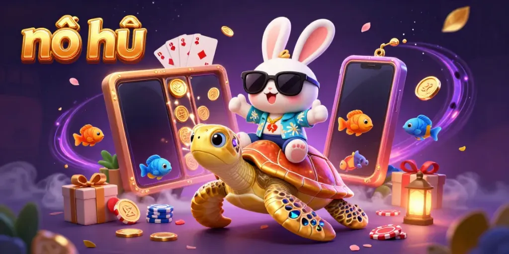 Experience the joy of nổ hũ with a lucky rabbit and golden sea turtle in this vibrant casino scene.
