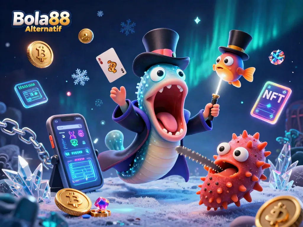 Experience thrilling gameplay of Bola88 Alternatif with a magician eel and anglerfish in a vibrant casino scene.