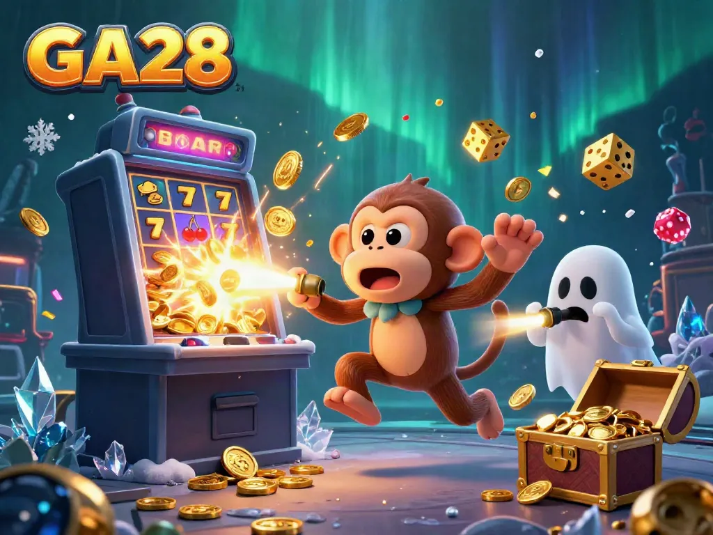 GA28 showcases a playful poltergeist monkey juggling golden objects in a dynamic casino scene.