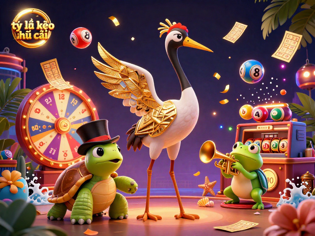 Engage with tỷ lệ kèo nhà cái in a vibrant 3D casino scene featuring a stylish crane, turtle, and frog, surrounded by dynamic lottery elements.