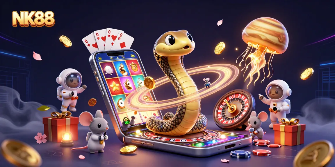 Engage in the captivating cosmos of NK88, where a snake and astronaut mice roll the roulette of fortune!