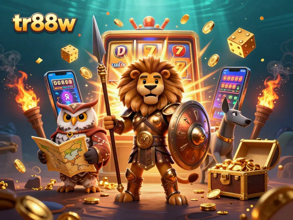 Spin and win on tr88w with a dynamic casino scene bursting with slot action and vibrant characters.