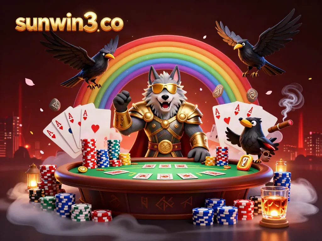 Play thrilling casino games with sunwin3 co featuring a Norse wolf and poker elements.