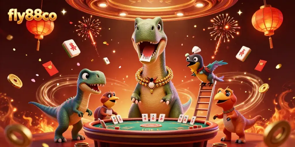 Engage with fly88co in a vibrant casino atmosphere featuring dynamic characters and festive elements.