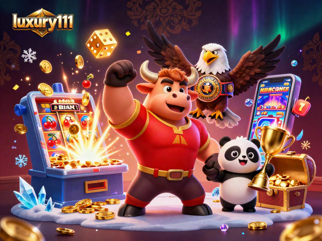 Experience luxury111 with an energetic casino scene featuring vibrant characters and thrilling games.