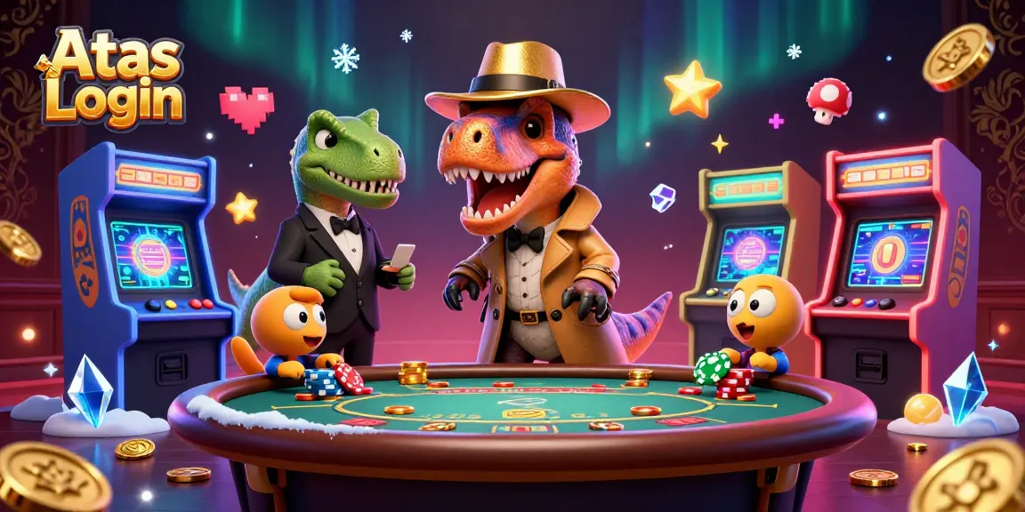 Engage in thrilling gameplay during Atas Login with animated characters at a vibrant casino setting.