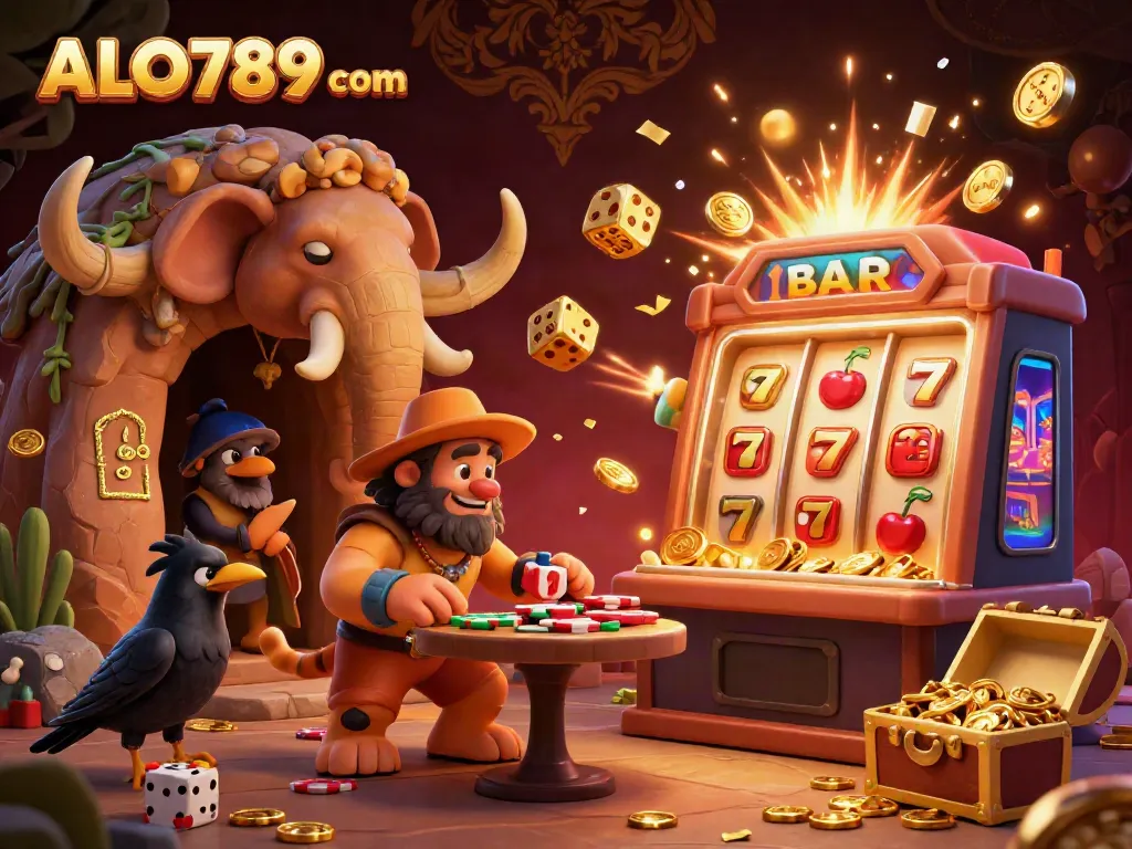 Engaging 3D scene of ALO789 com, featuring a caveman and tiger managing a prehistoric casino with vibrant slot machine action.
