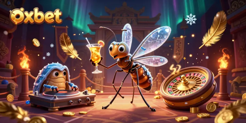 Experience the vibrant scene of oxbet, featuring a unique casino mascot and a trilobite DJ animatedly engaged in a gaming atmosphere.