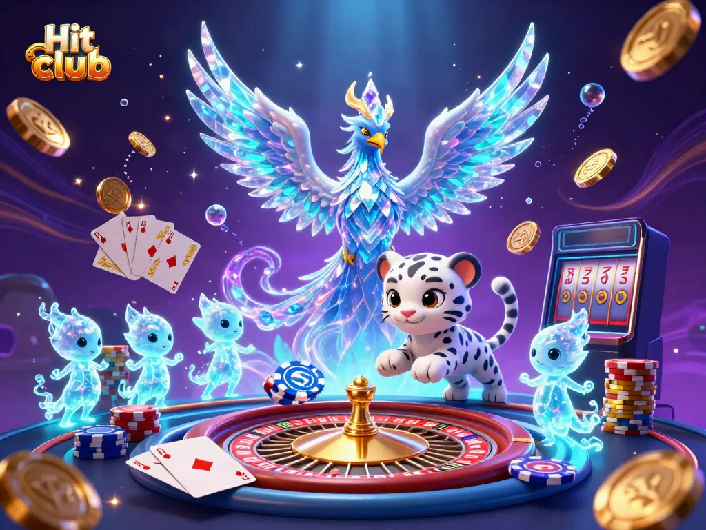 Engage with the Hit club's vibrant casino experience featuring prismatic characters and dynamic gambling elements.