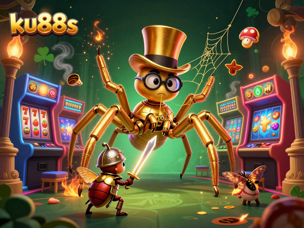 Join ku88s for an exciting adventure with a golden tarantula and beetle knight amidst vibrant casino elements.