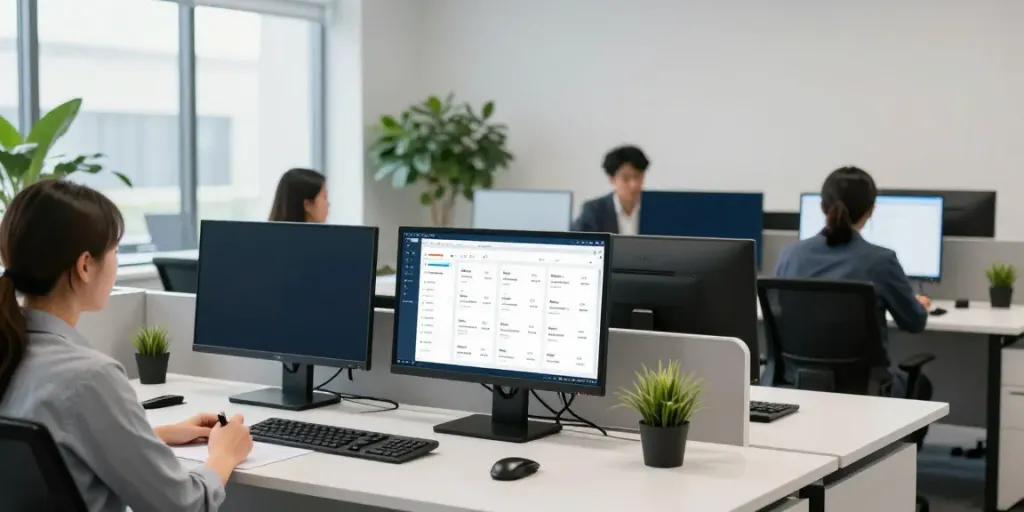 Immobilienmakler Landshut in einer modernen Büroatmosphäre mit Softwarelösungen und Cloud-Datenanalysen.