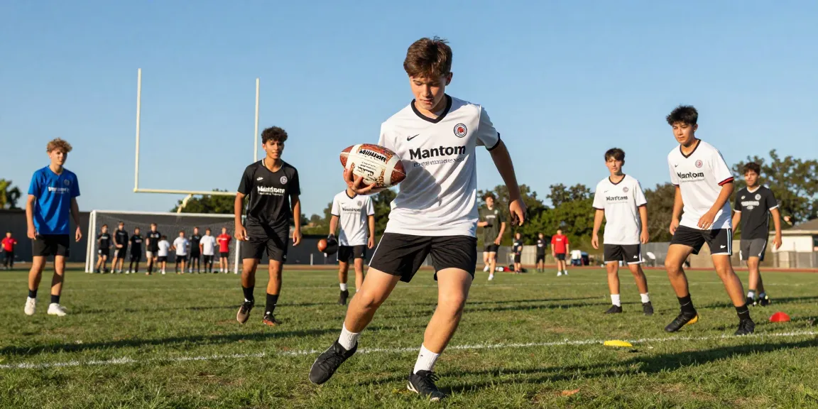 Fußbälle kaufen in einer lebhaften Fußballpraxis mit jungen Spielern.