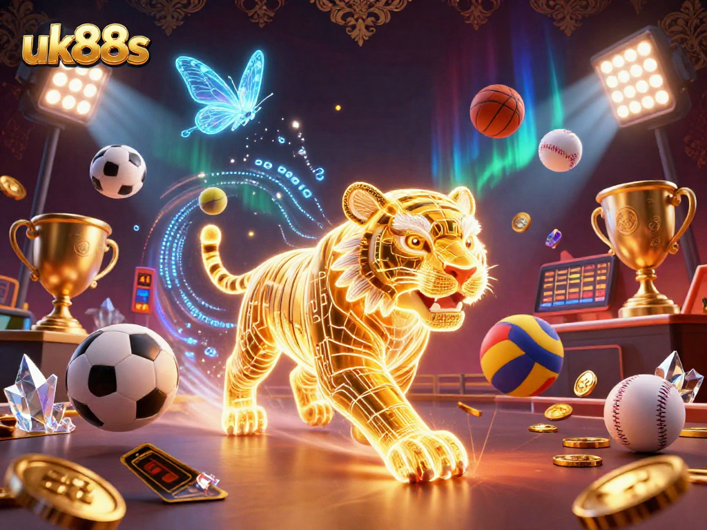 Engage with uk88s in a vibrant digital casino landscape, featuring a neon tiger and sports betting elements.