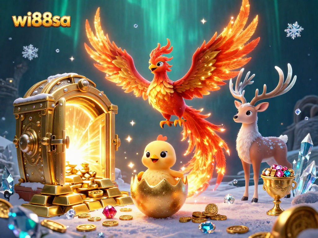Engage in thrilling slots with WI88SA in this vibrant 3D casino illustration featuring a phoenix.
