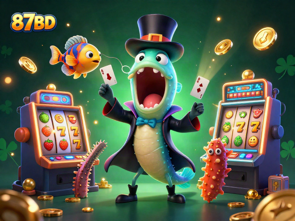 87BD showcases a captivating casino scene with a bioluminescent eel performing magic tricks amidst vibrant slot elements.