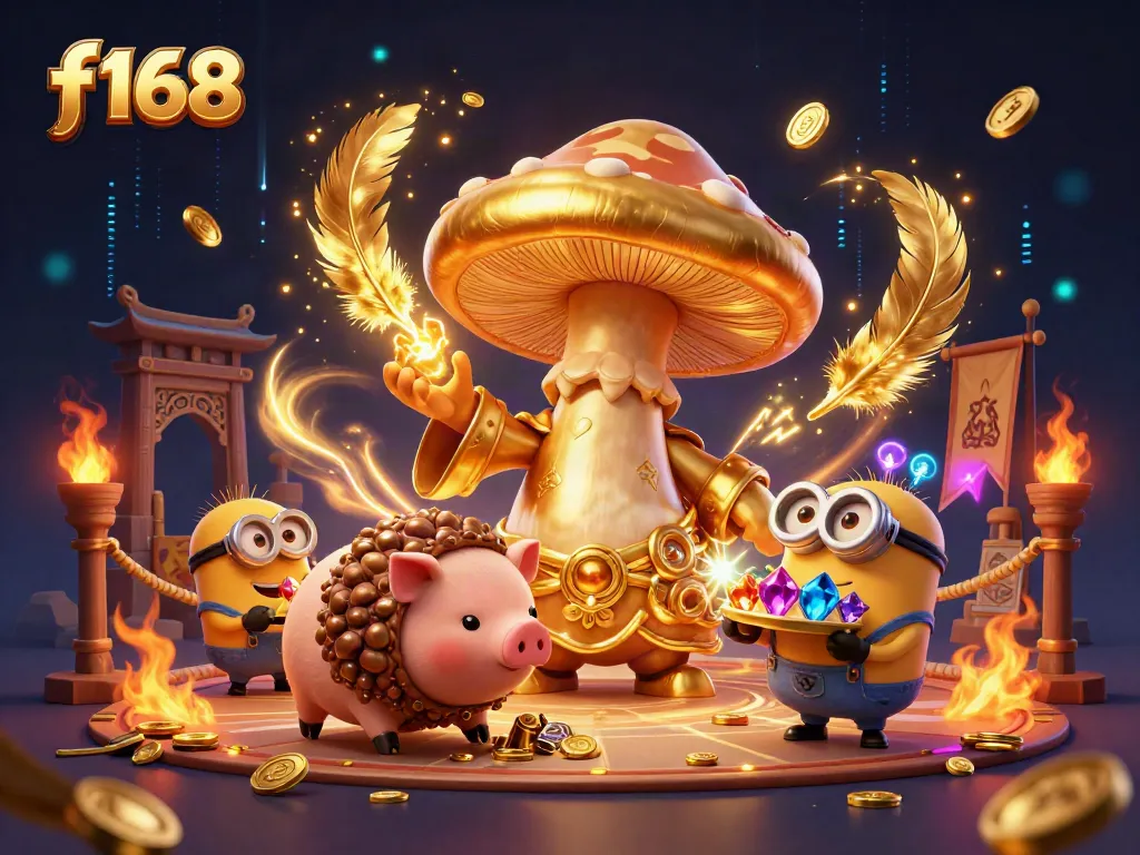 Engage in the enchanting world of f168 with a golden mushroom wizard and treasure-filled adventure