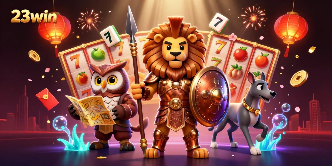 Experience the thrilling world of 23win as a Spartan lion, tactical owl, and swift greyhound bring luck in an exciting casino scene.