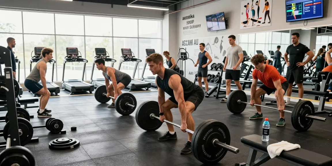 Dynamische Fitnessszene im Anabolika Shop Deutschland Fitnessstudio, das Krafttraining und Gemeinschaft zeigt.