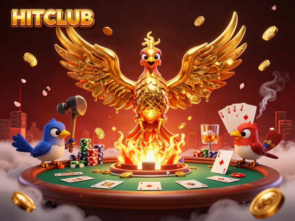 HITCLUB showcases a molten golden phoenix at a lively poker scene illustrating thrilling gaming action.