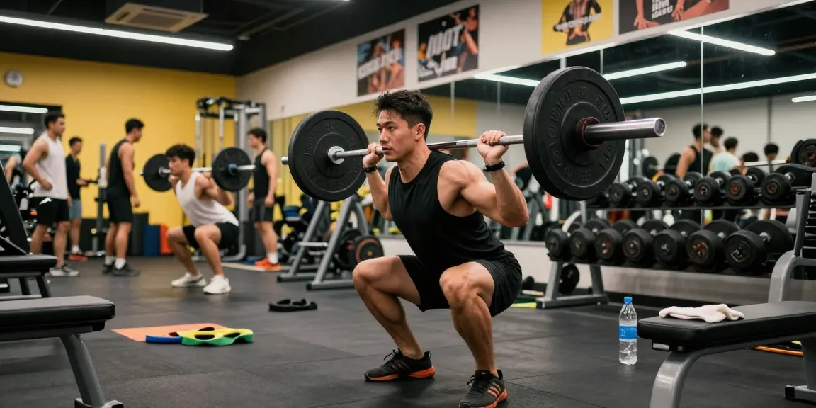 Anabolika Shop - Muscular man performing barbell squat in a vibrant gym highlighting fitness dedication and community