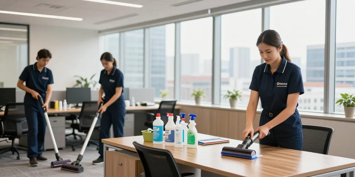 Professionelle Gebäudereinigung Düsseldorf mit geschultem Team in modernem Büro, saubere Umgebung und umweltfreundliche Reinigungsmittel.