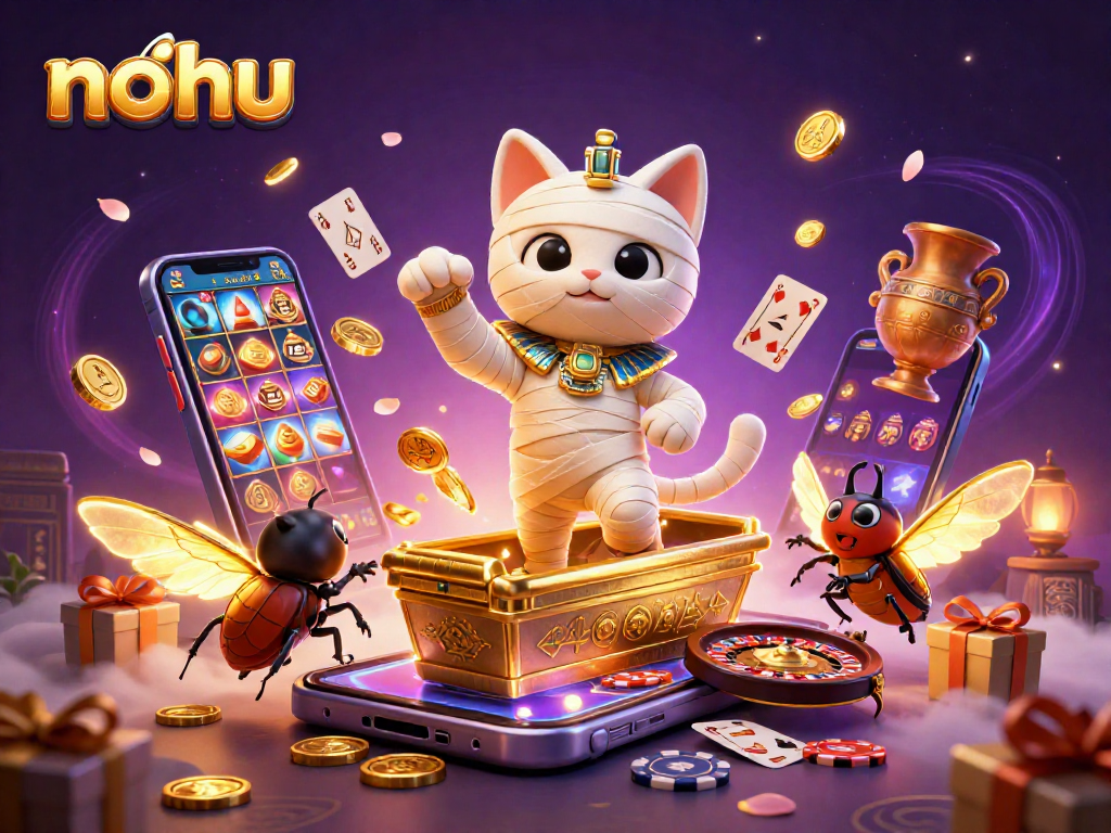 Nohu slots adventure with a charming Egyptian mummy cat and scarab beetle in a vibrant casino scene.