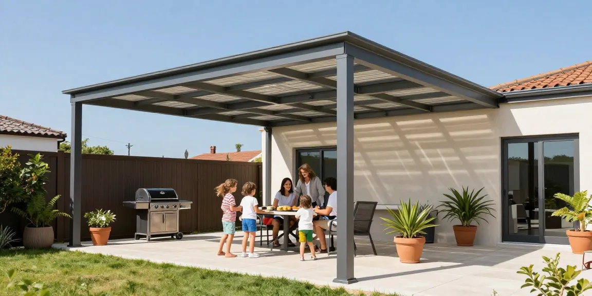 Moderne Terrassenüberdachung mit Familie im Garten, die Zeit zusammen genießen.