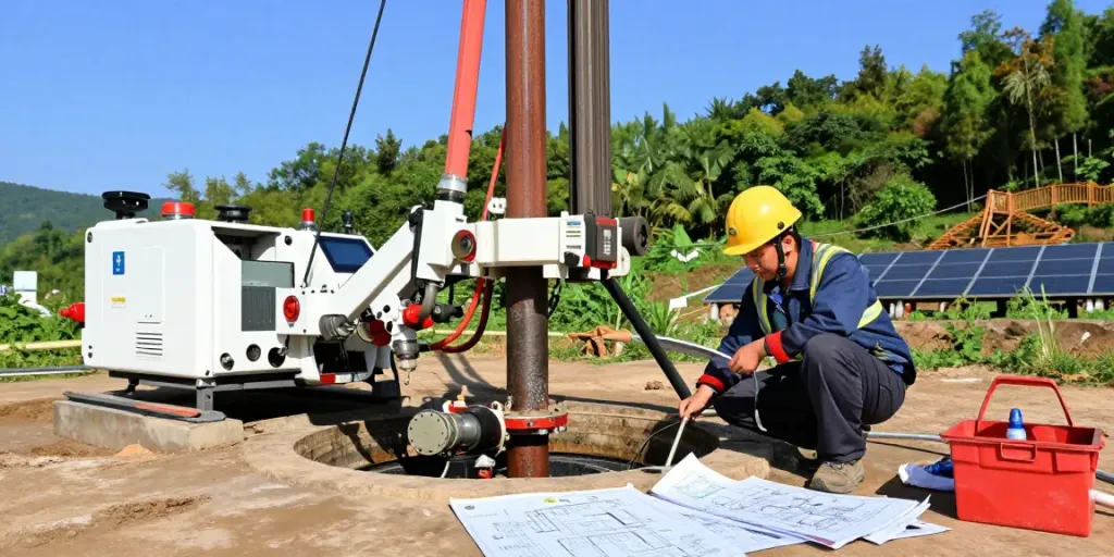 Techniker überprüft Geothermie Kosten vor Bohranlage, nachhaltige Energieerzeugung.