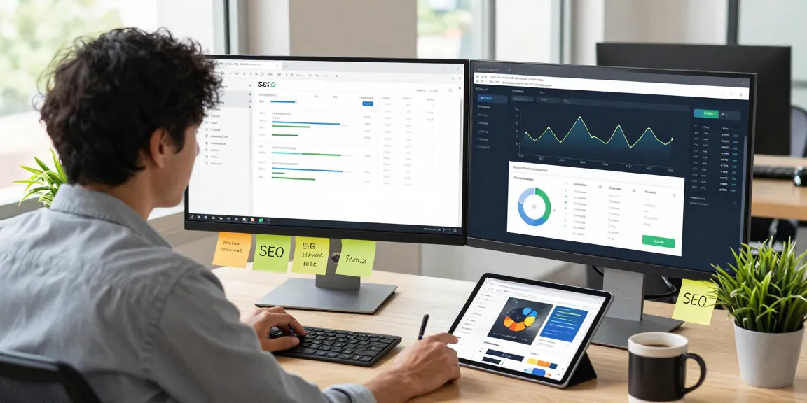 Analyse der Website mit SEO-Leistung in einem modernen digitalen Marketing-Arbeitsbereich.
