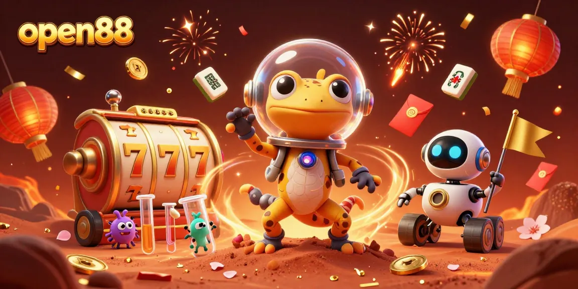Engage with open88 in a vibrant, 3D casino adventure featuring a Martian gecko and dynamic gaming elements.