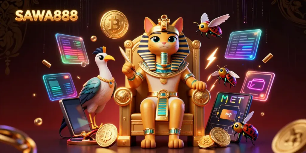Engage with SAWA888 in this vibrant 3D scene showcasing an Egyptian themed casino adventure.