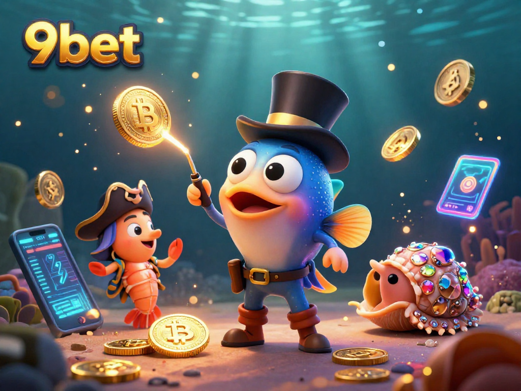 Experience thrilling gaming with 9bet's vibrant underwater casino scene featuring cartoon characters.