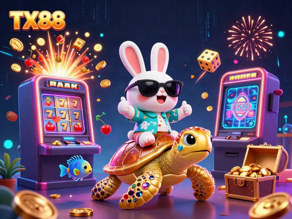 Engage with TX88's vibrant casino experience featuring a lucky rabbit and golden turtle among dynamic gaming elements.