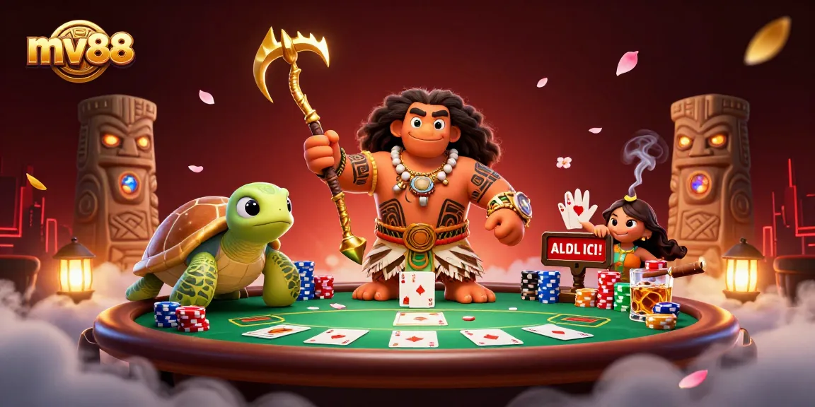 Experience mv88 with a vibrant poker scene featuring a demigod and a turtle sidekick.