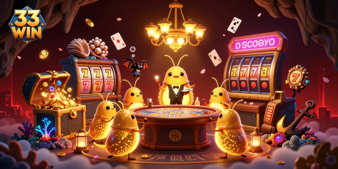 Engage with exciting 33 WIIN casino games amid glowworms lighting up a vibrant cave.