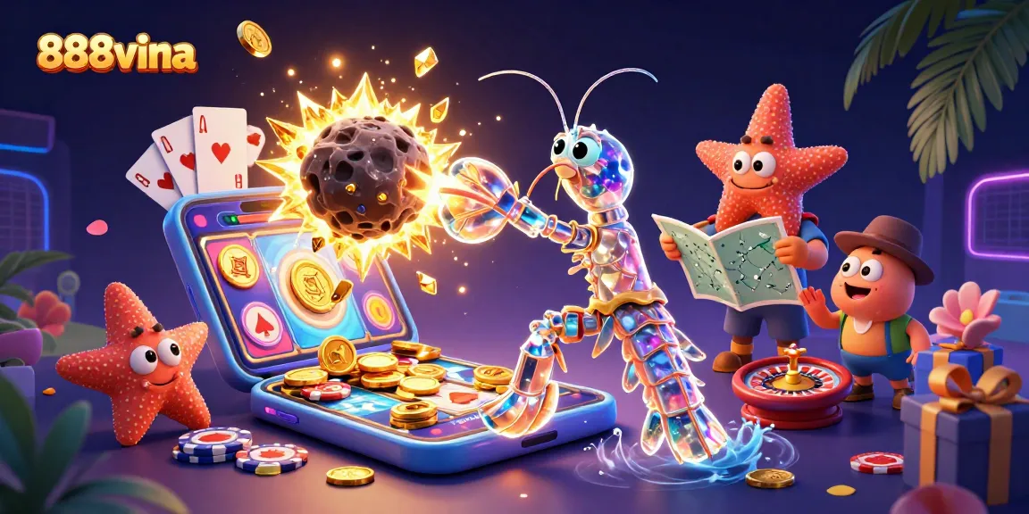 Engage with 888vina at its colorful slot games, featuring coins, vibrant characters, and thrilling gambling action.