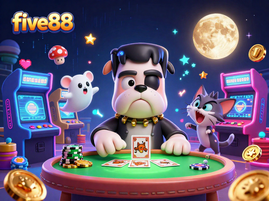 Experience the excitement of five88 with a lively card game featuring a quirky bulldog dealer, enhancing casino entertainment.