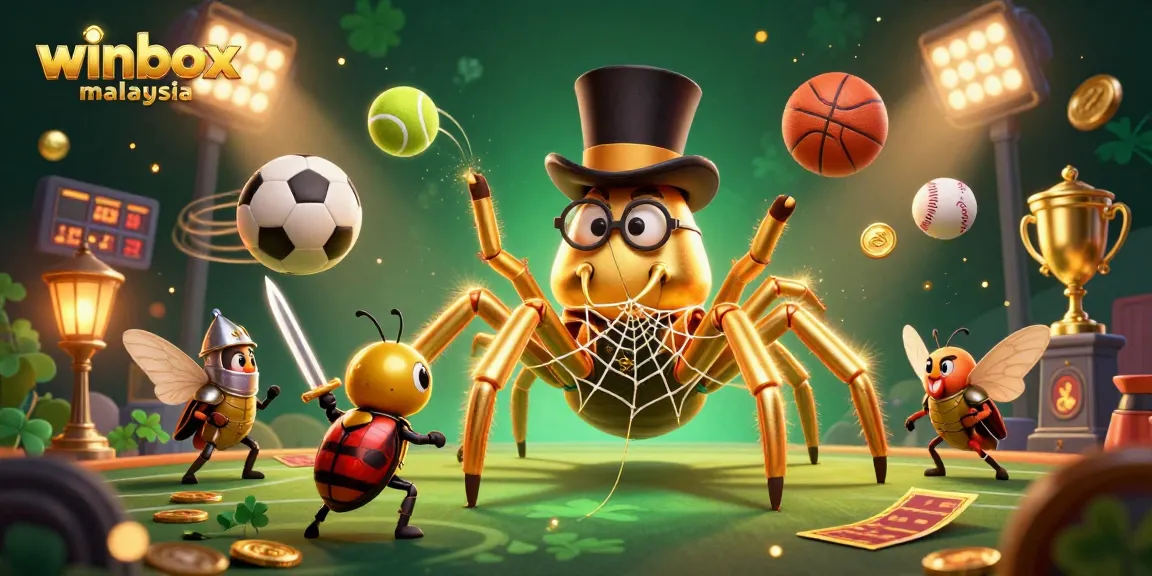 Experience excitement at winbox malaysia with this vibrant 3D illustration of a casino scene featuring a giant tarantula and brave beetle knight.