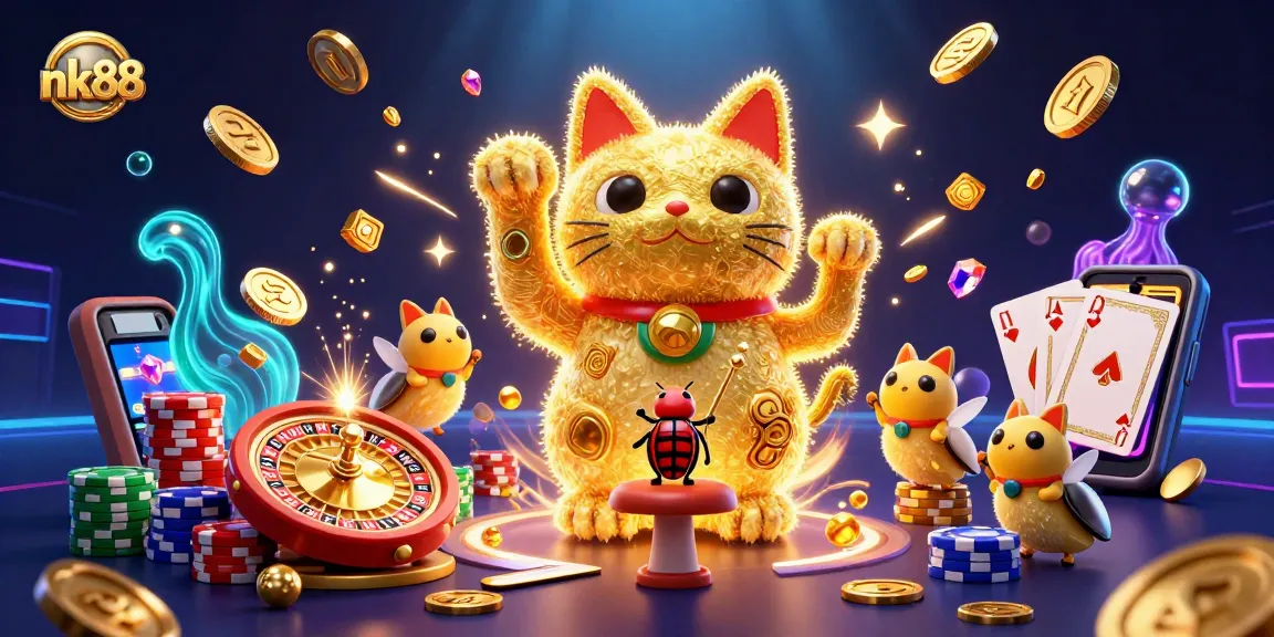 Experience excitement with nk88's vibrant casino-themed illustration featuring a lucky cat and flying coins.