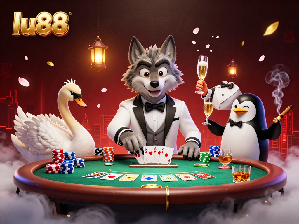 Engage with lu88's thrilling baccarat scene featuring a stylish wolf and elegant companions.